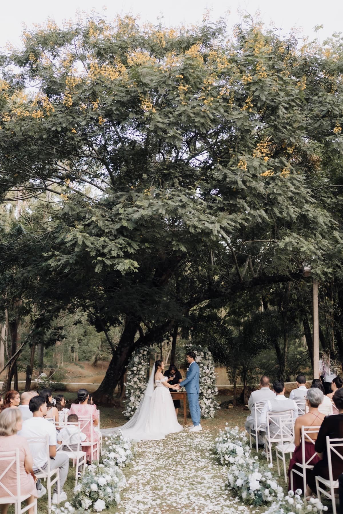 Cerimônia com arco floral sob árvore