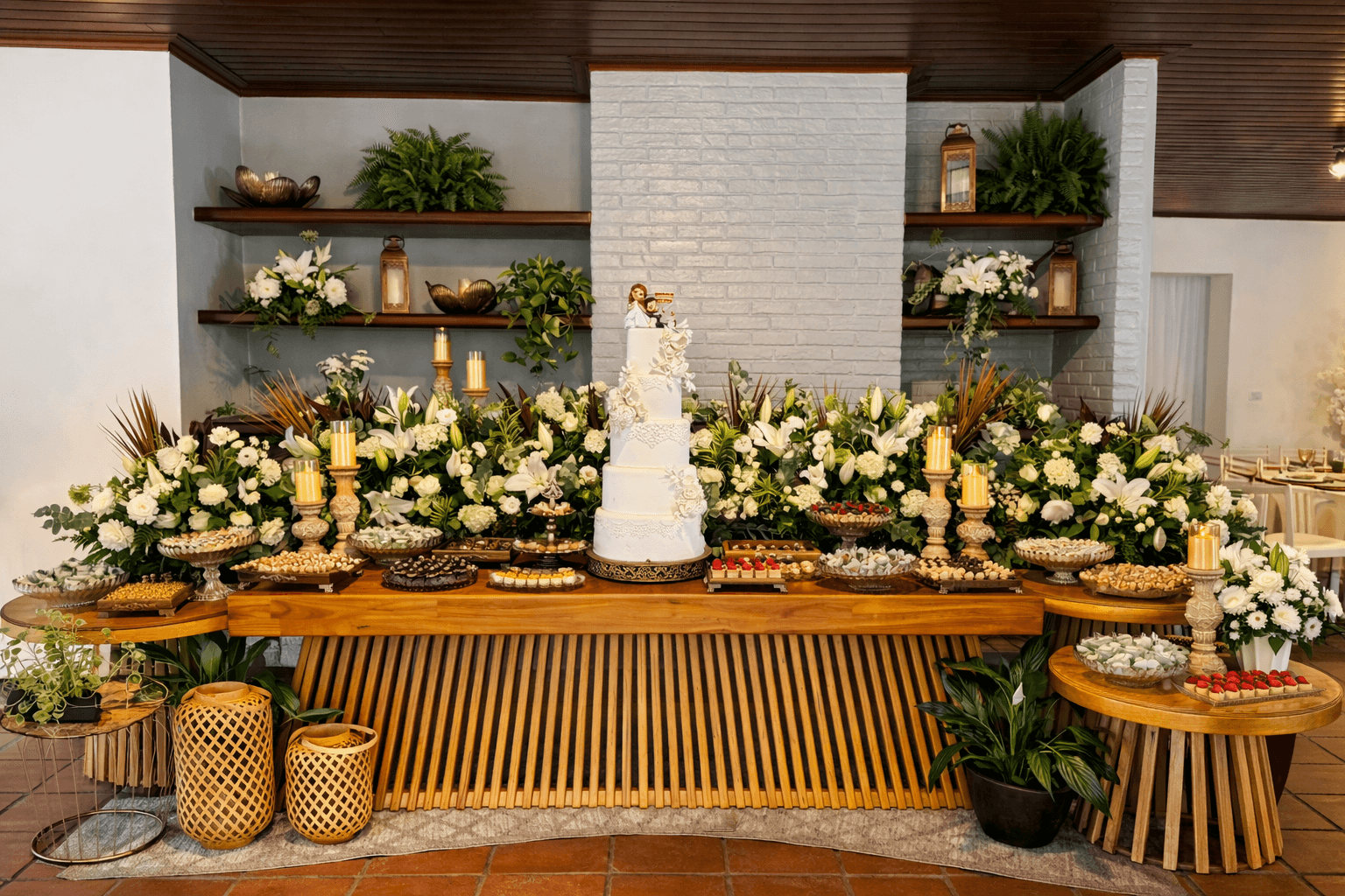 Mesa de bolo branca com lírios